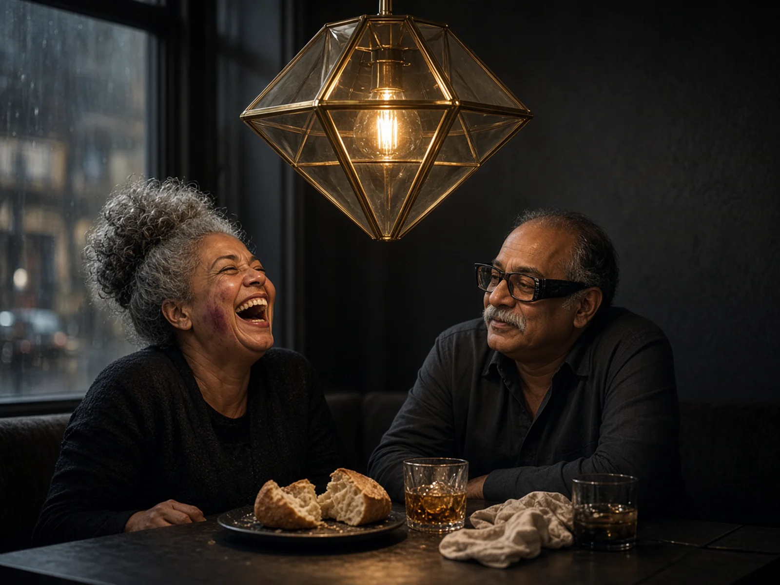 A sculptural pendant lighting an intimate dining space