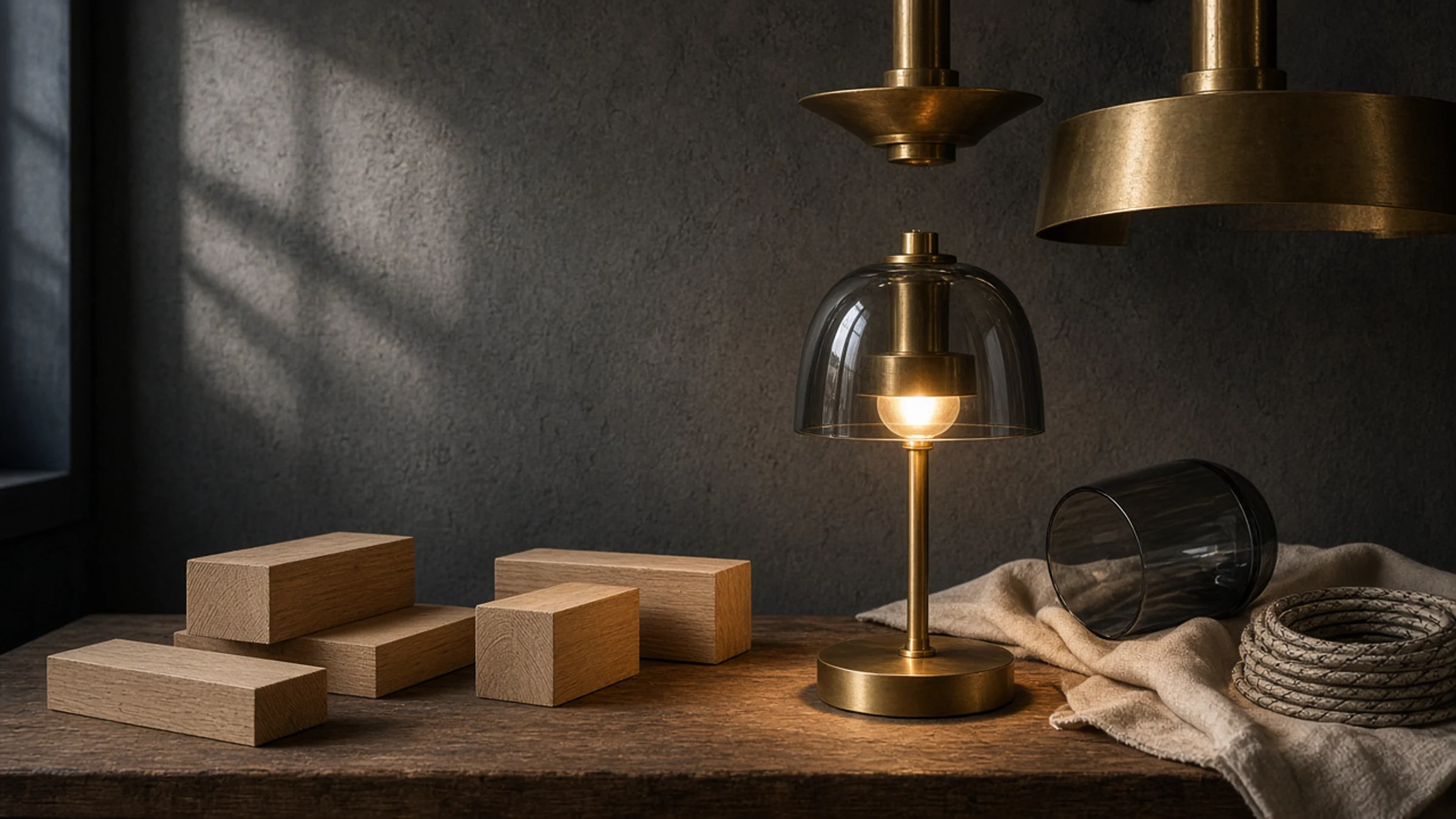 Brass fittings, smoked glass, and a warm sample lamp on a work table