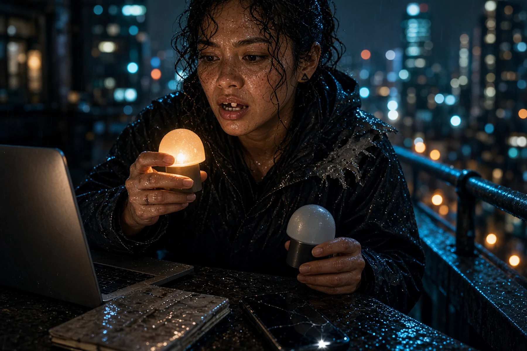 An independent creator comparing lighting samples on a rain-wet balcony